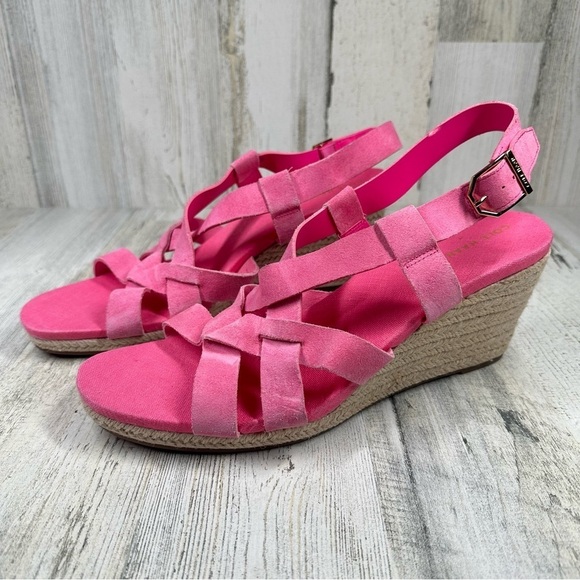 New Cole Haan Crystal Pink Neon Suede Wedge Sandals #195 - Picture 9 of 12